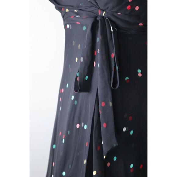 Vintage 1990s Anne Klein Size 4 Silk Dotted Faux Wrap Midi Dress Black Chiffon - Picture 8 of 12
